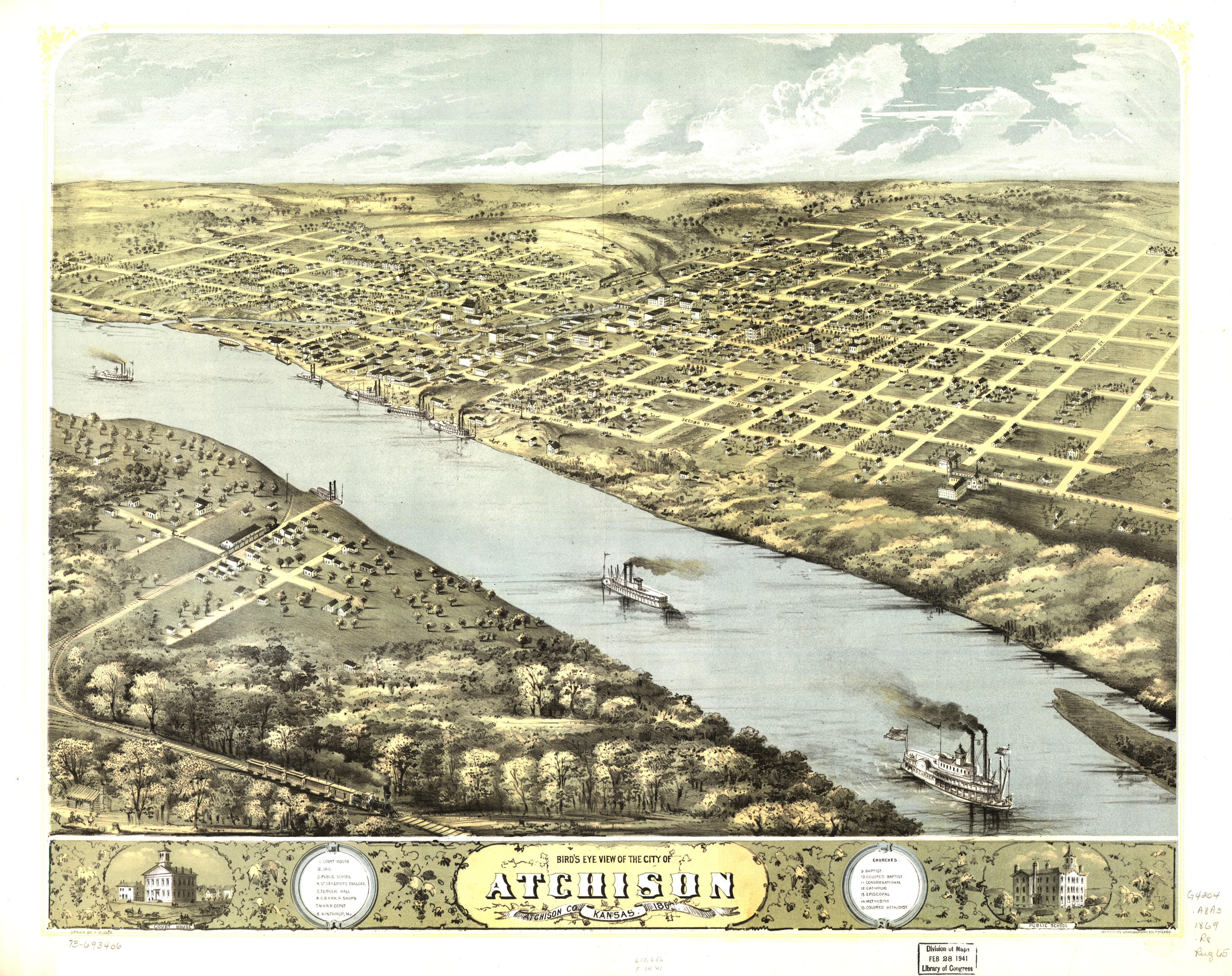 Bird's-eye view of Atchison, Kansas, 1869