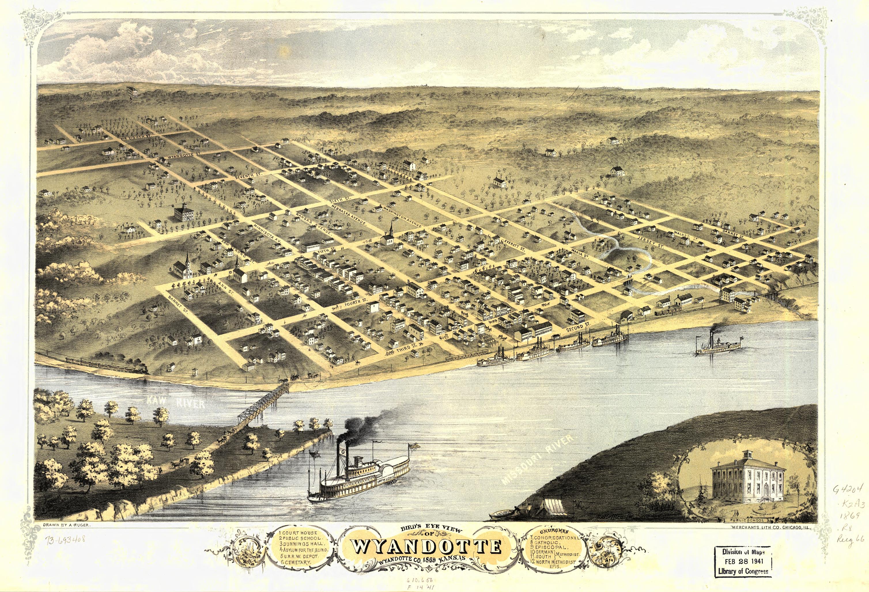 Bird's-eye view of Wyandotte, Wyandotte County, Kansas, 1869