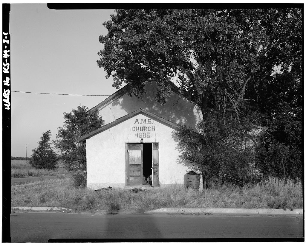1. VIEW OF EAST FRONT. VIEW TO WEST - African Methodist Episcopal (AME) Church, Adams & Third Streets, Nicodemus, Graham County, KS