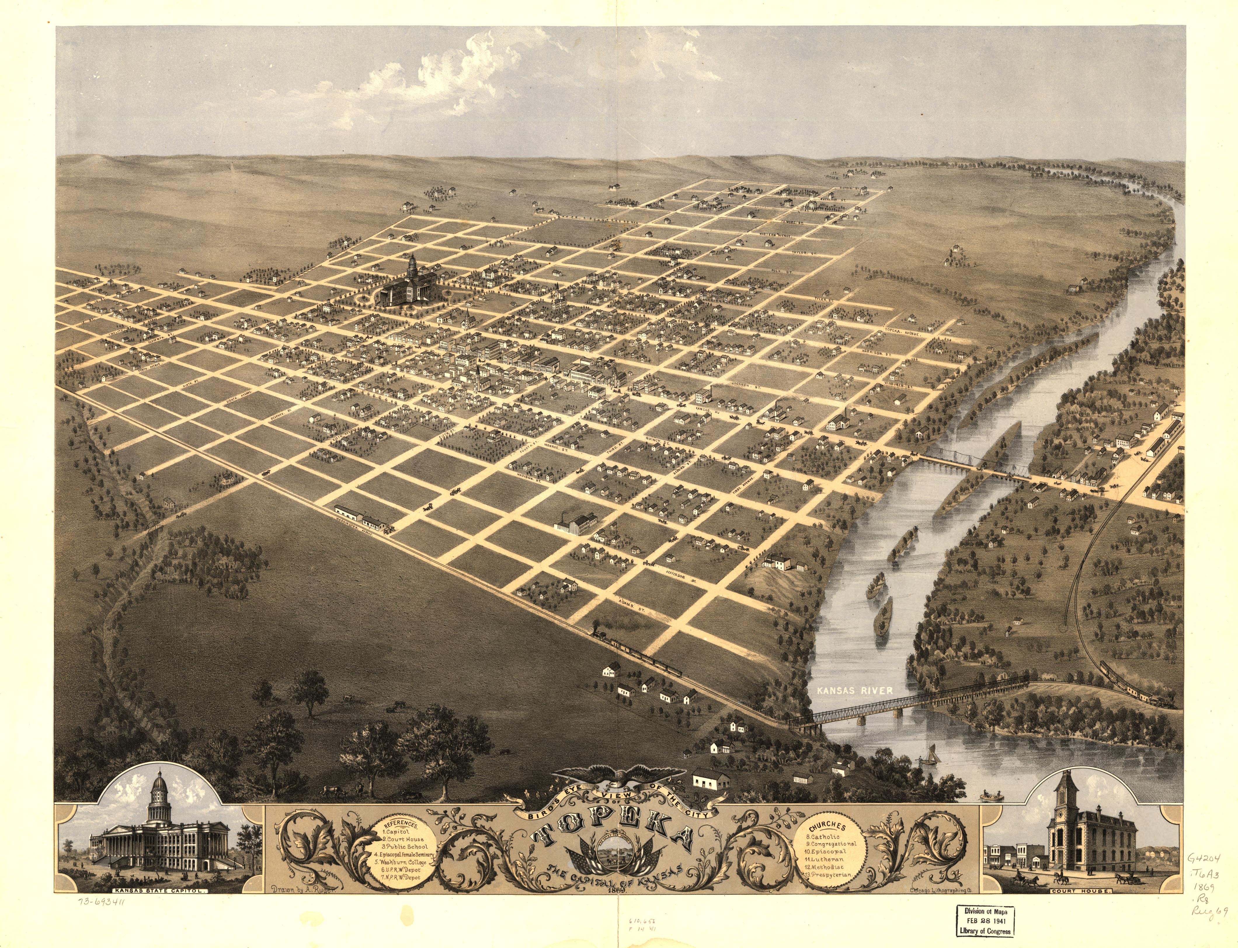 Bird's-eye view of Topeka, the capital of Kansas, 1869